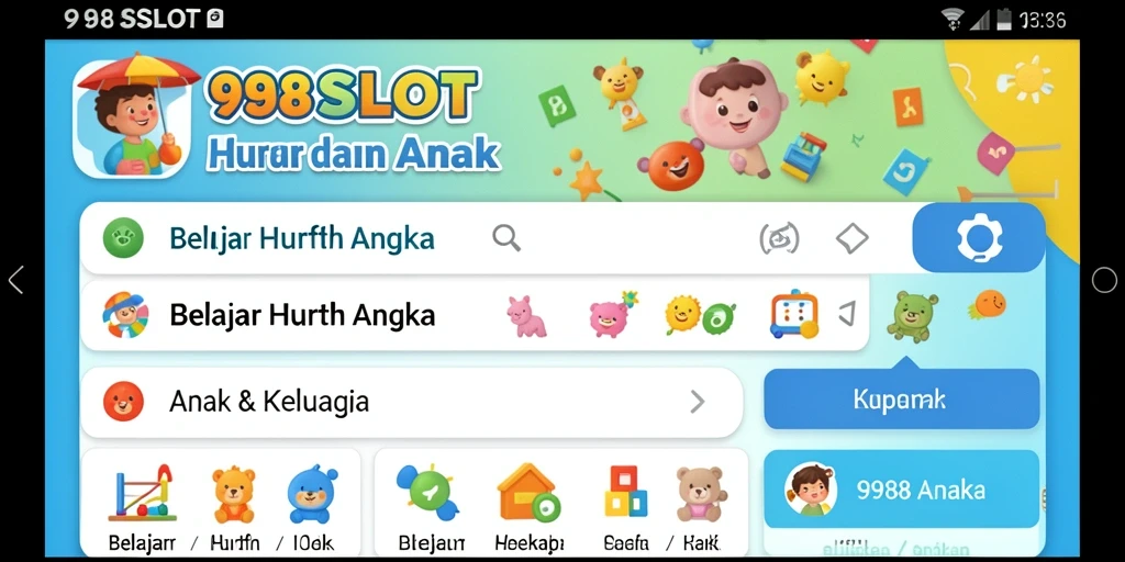 Antarmuka interaktif 988SLOT untuk belajar huruf dan angka.