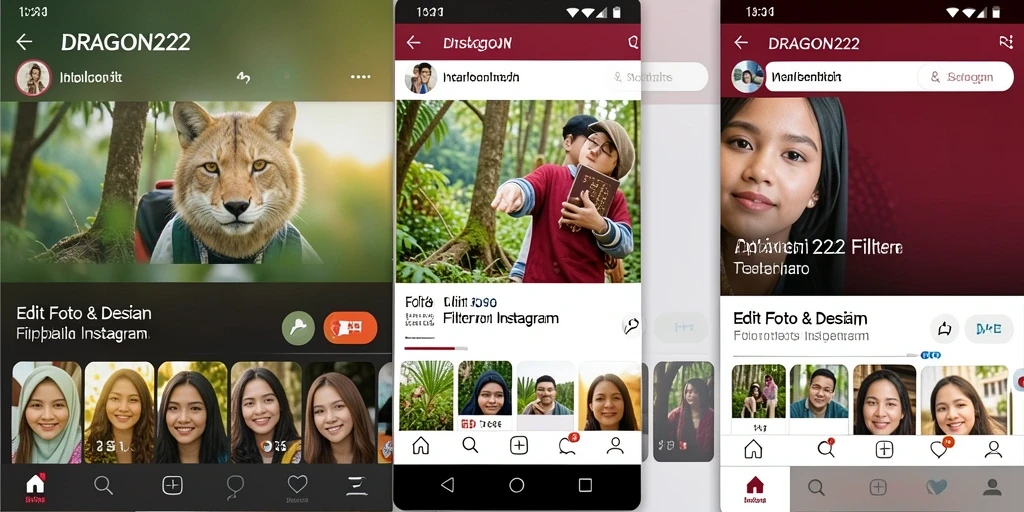 Antarmuka aplikasi DRAGON222 dengan berbagai filter Instagram.