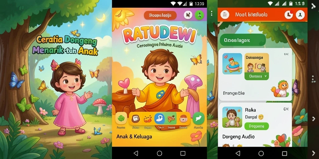 Antarmuka aplikasi RATUDEWI yang menarik untuk pendengar cilik.